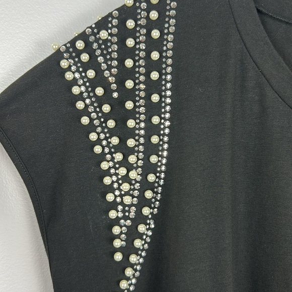 Ontwelfth Classic Embellished Pearl Rhinestone Short Sleeve Top XL Black - Picture 6 of 11